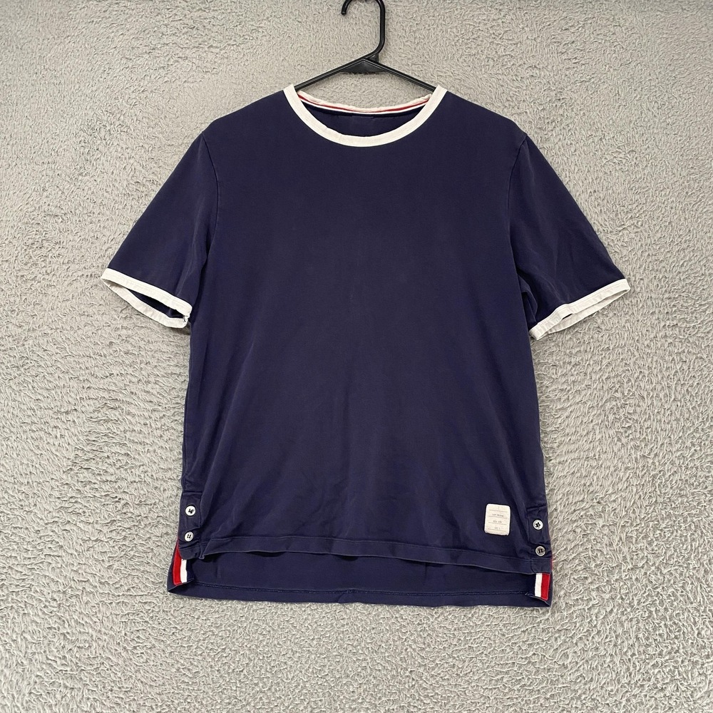 Thom Browne Ringer Shirt Mens 2 / Medium Navy Blue Side Button Made In Japan Tee